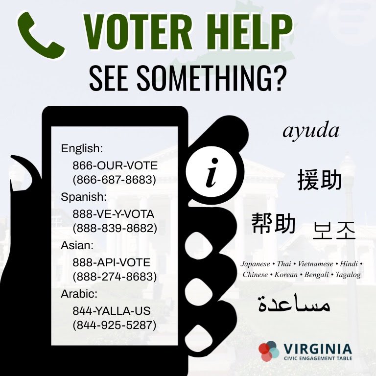 Virginia - your vote matters! If you have questions OR need to report any issues at the polls, call 866-OUR-VOTE #ElectionProtection #BeAVoter #EngageVA #VAvotes  go2vote.org/va