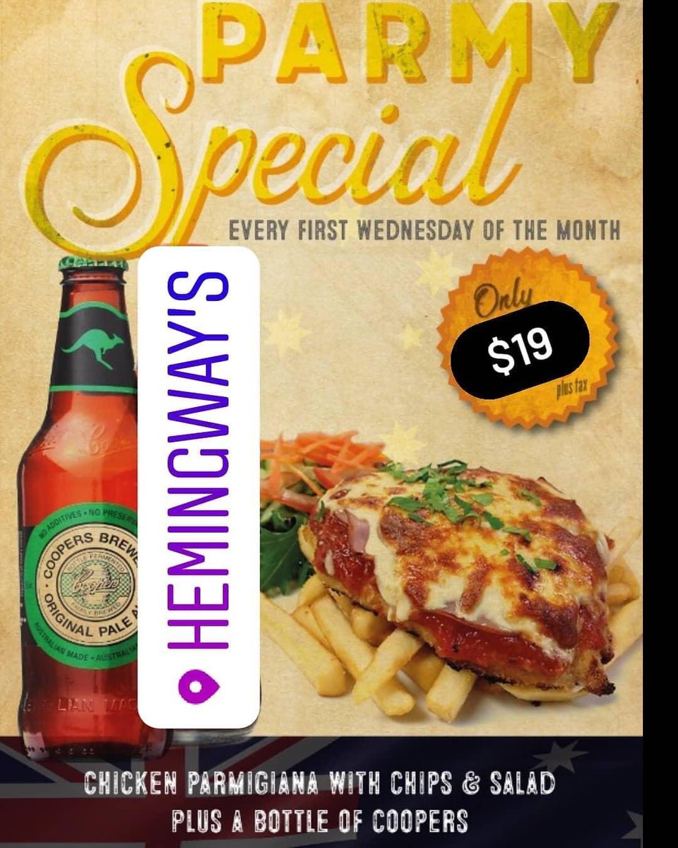 It’s on tomorrow at <a href="/HemingwaysTO/">Hemingway's Toronto</a> #AussiePubNight on the #RooftopPatio #Toronto 
A bottle of <a href="/coopersbrewery/">Coopers Brewery</a> &amp; chicken Parmy for $19
GetAround it #Australia