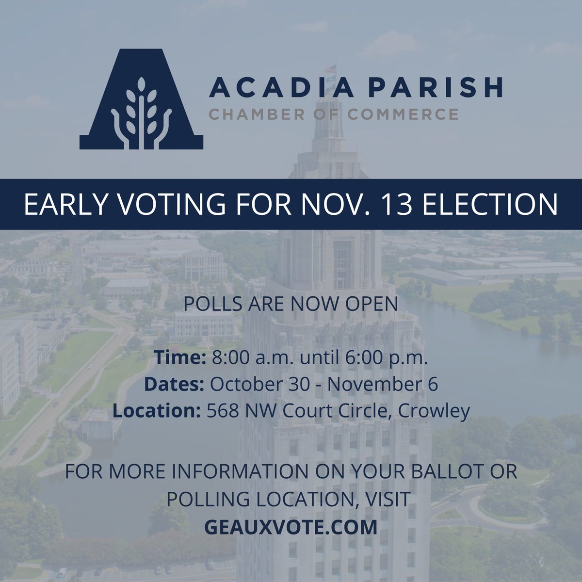 AcadiaChamber's tweet photo. #EarlyVoting continues through Saturday! Visit https://t.co/WwbTLpqfGP to find your ballot &amp; polling location. We’re asking for your support by voting YES on Amendments 1 &amp; 2! https://t.co/mfcqzjV8xM