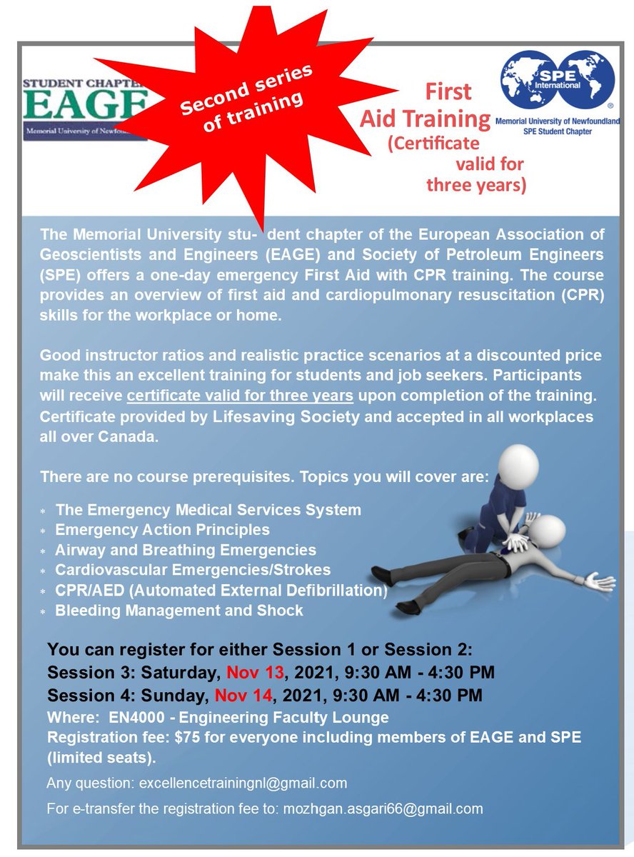 eage_mun's tweet photo. Hello @MemorialU students! Due to high requests, @eage_mun and @MUNSPE are offering the second series of the "one-day emergency course in First Aid &amp; CPR. Nov 13 or 14!
Lifesaving Society Certificate (valid for 3yrs).
Click on the link below to register: https://t.co/JZ6dbZMLX9 https://t.co/CknVH8PguW