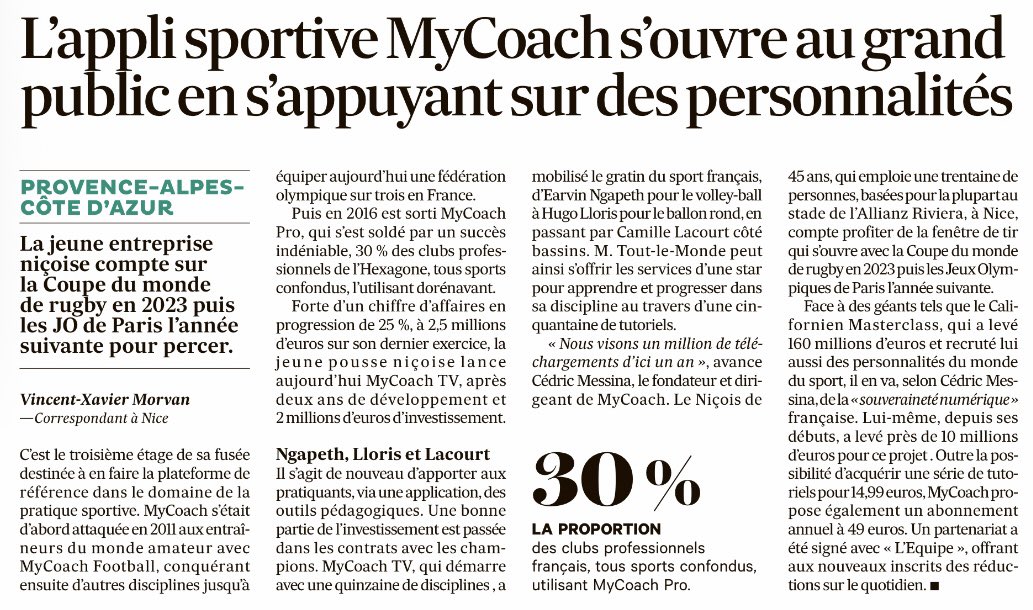 MessinaCedric's tweet photo. Merci @LesEchos pour cette mise en lumière qui résume bien notre évolution : de solutions digitales pour le sport amateur #mycoachsport et des outils 🇫🇷 dédiés à la haute performance #mycoachpro à une offre de contenu global #mycoachTV #paris2024 @mycoach https://t.co/F6chNH9Il7