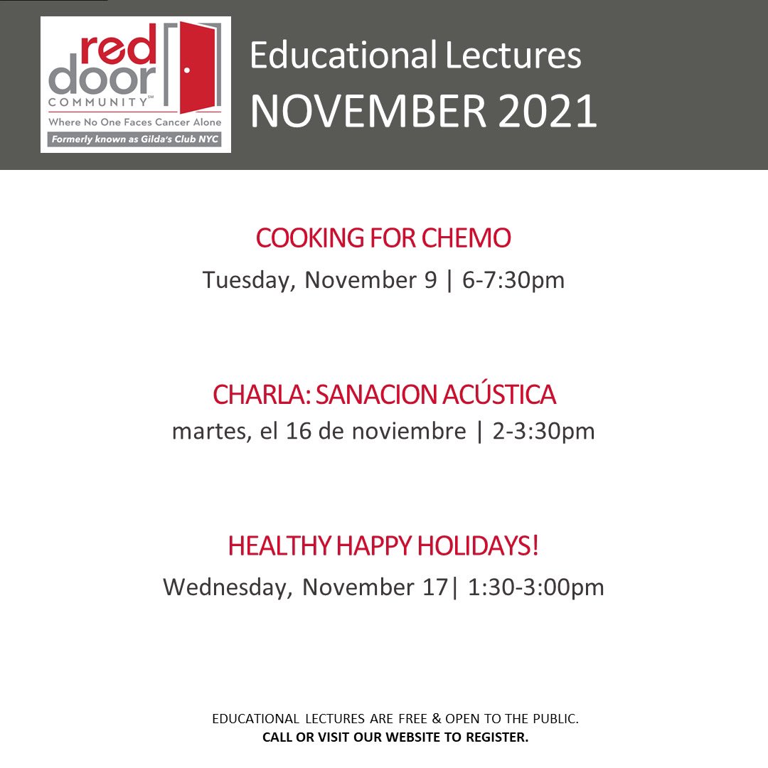 RedDoorCm's tweet image. November Educational Lectures are now open for registration. All of our lectures are free and open to both members and non-members. 

Registration is required: bit.ly/RDCProgCal
 
#RedDoorCommunity #FreeCancerSupport #EducationalLectures