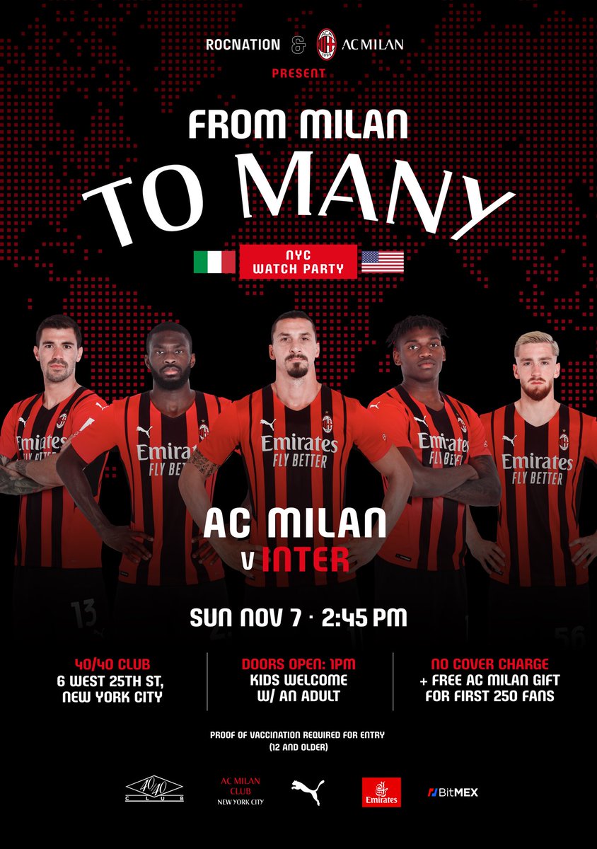 🔴THIS SUNDAY, Milan-Inter watch party with <a href="/acmilan/">AC Milan</a>, <a href="/RocNationSports/">Roc Nation Sports</a>, <a href="/ACMilanNYC/">AC Milan Club New York City</a>, and YOU at <a href="/the4040club/">The 40/40 Club</a>!
⚫️First 250 fans receive a free gift from Milan!!!
🔴Under 21 permitted with an adult
⚫️Doors open at 1:00
🔴Don’t miss this one!!! #NewYorkRossonera #FromMilanToMany