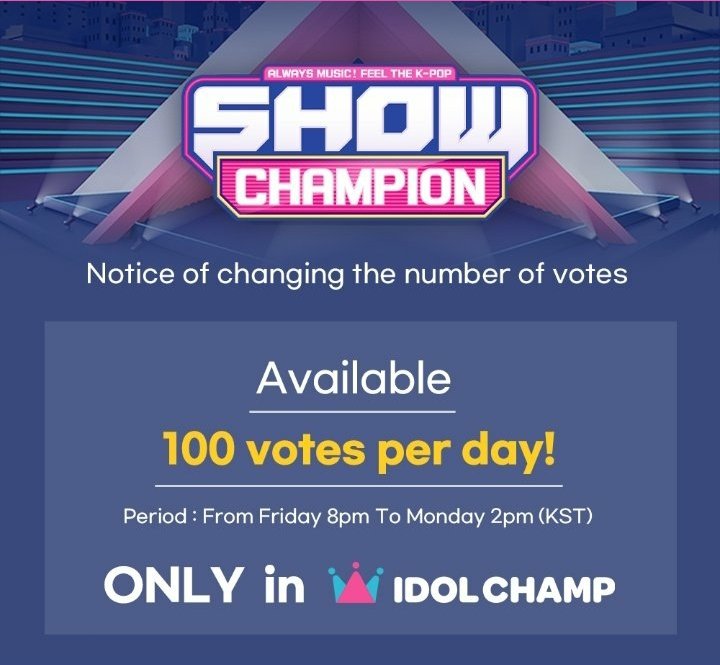 idlevotingteam's tweet photo. 🚨 IDOL CHAMP

Show Champion has recently changed their prevoting system on Idol Champ.

•BEFORE: we can only vote 3 times per day (9 chamsim).

•NOW: we can vote up to 100 times per day (300 chamsim).

COLLECT NOW! We need to save up as much as possible for the next comeback!! https://t.co/GbBm39GsCc