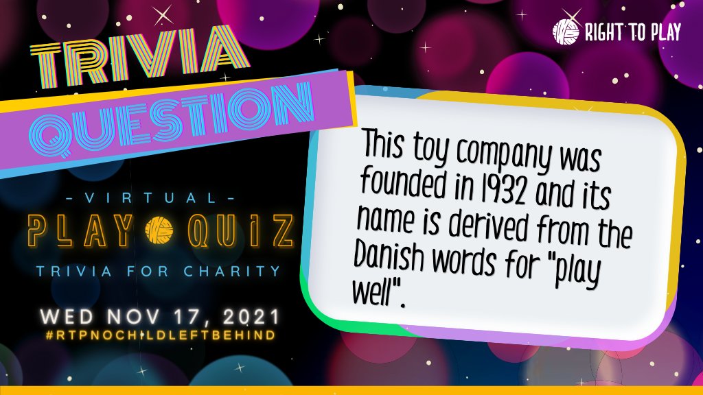 Join us Nov 17, when Right To Play hosts its 2nd annual #RTPVirtualPlayQuiz: Trivia for Charity! Featuring celebrity guests, prizes, and pub trivia team kits, it's the perfect event to flex your trivia skills and have fun!

Visit: righttoplay.ca/virtualplayqui…

#RTPNoChildLeftBehind