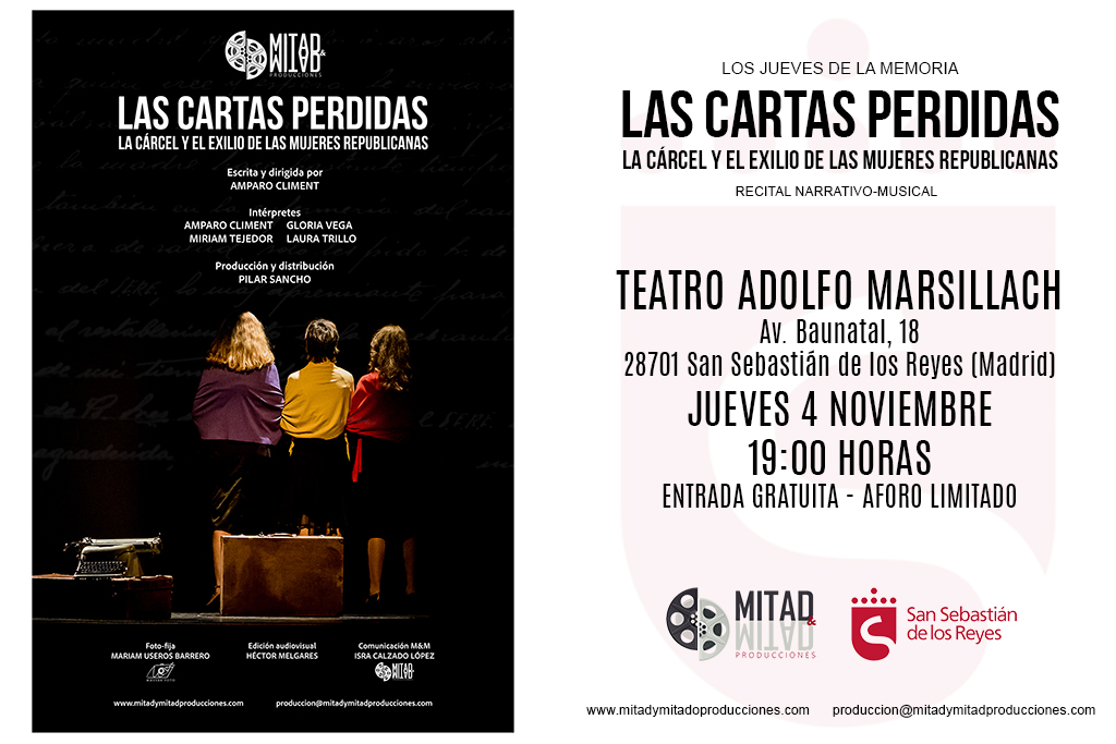MitadYMitadProd's tweet photo. 📣 #LasCartasPerdidas en San Sebastián de los Reyes ‼
📅 Jueves 4 de noviembre
🕖 19:00 horas
🏛 Teatro-Auditorio Adolfo Marsillach
🎟 Entrada gratuita - Aforo limitado
https://t.co/tY5oYJztUo
#LasCartasPerdidas #teatro #recital #música #MemoriaDemocrática #mujeresartistas https://t.co/RmLIEHp40D