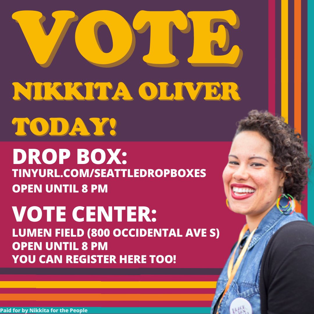 TODAY’S THE DAY! 🗳

Head to your nearest drop box or vote center before 8 PM. 

If you’ve already voted, share this information with your friends so they can return their ballots on time too!

Let’s elect Nikkita Oliver to Seattle City Council, Position 9! ✨💫✨