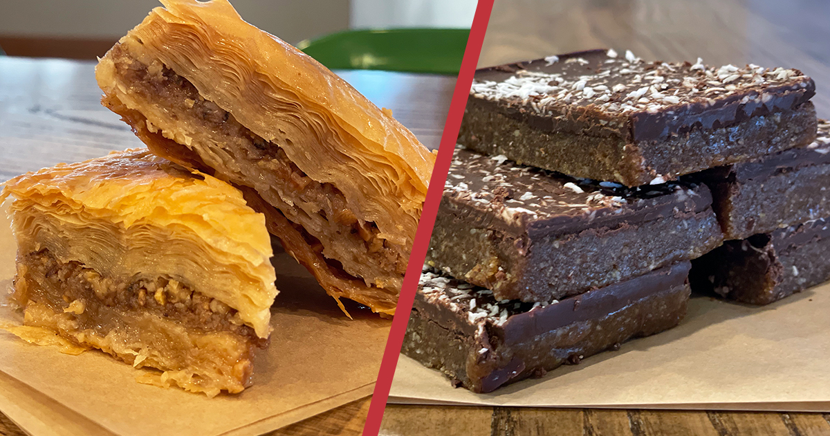 Ghassans's tweet photo. Know what’s better than brownies? A slice of light, flaky baklava or a rich nutty date bar from Ghassan’s. Stop in and give both a try!  #yallaghassans #ghassansgso #baklava #ghassansdesserts #eatatghassans https://t.co/hAaW5ncrTv