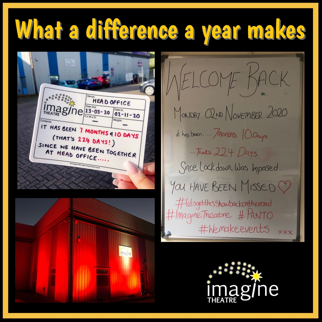 Imagine_Theatre's tweet photo. A year ago today, the Imagine offices reopened after over 7 months of closure, & long periods of furlough for most of the head office team. It would also have been the start of our 2020 panto season and we lit our building in red to remember #lightitinred #imaginetheatre #panto https://t.co/yXIkxXSTE3