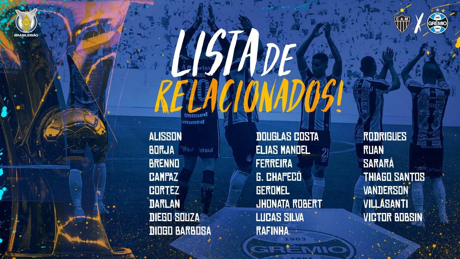 Confira a lista dos jogadores do Grêmio relacionados para este duelo diante do Galo. Fonte Grêmio FBPA/Twitter