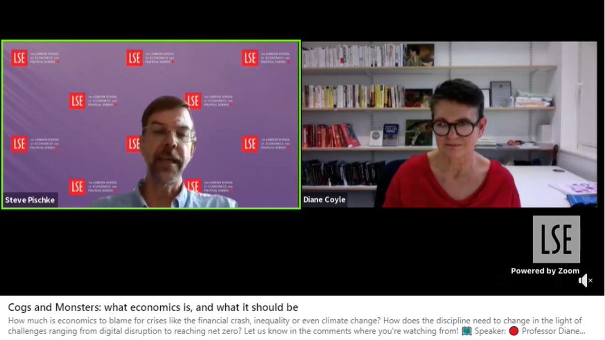 Are you watching our @LSEpublicevents with @DianeCoyle1859?

Professor Coyle is discussing her new book, 'Cogs and Monsters: what economics is, and what it should be'

Chaired by Professor Steve Pischke.

Let us know your thoughts in the comments! #LSEEconomics