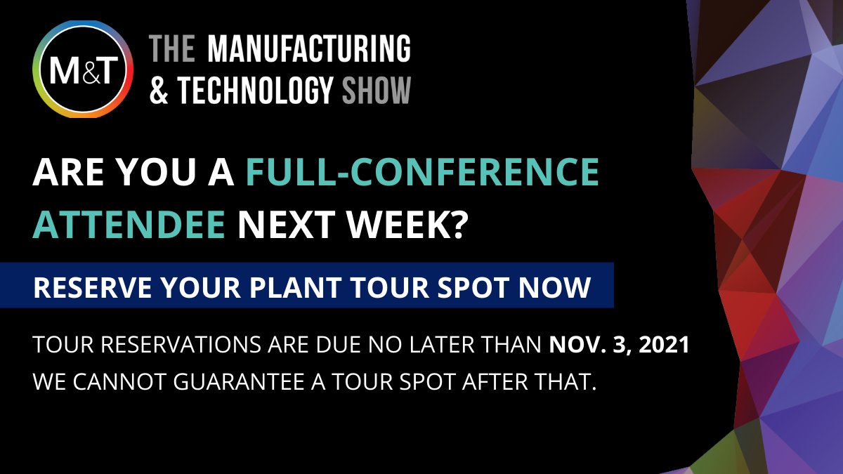 mfgtechshow's tweet photo. Whether you're already registered as a full-conference attendee or planning on it, finalize your tour selection no later than Wednesday, November 3rd. You can update your reservation or start a new one at https://t.co/BDBya2hYRg https://t.co/8Nsj3nEq8p