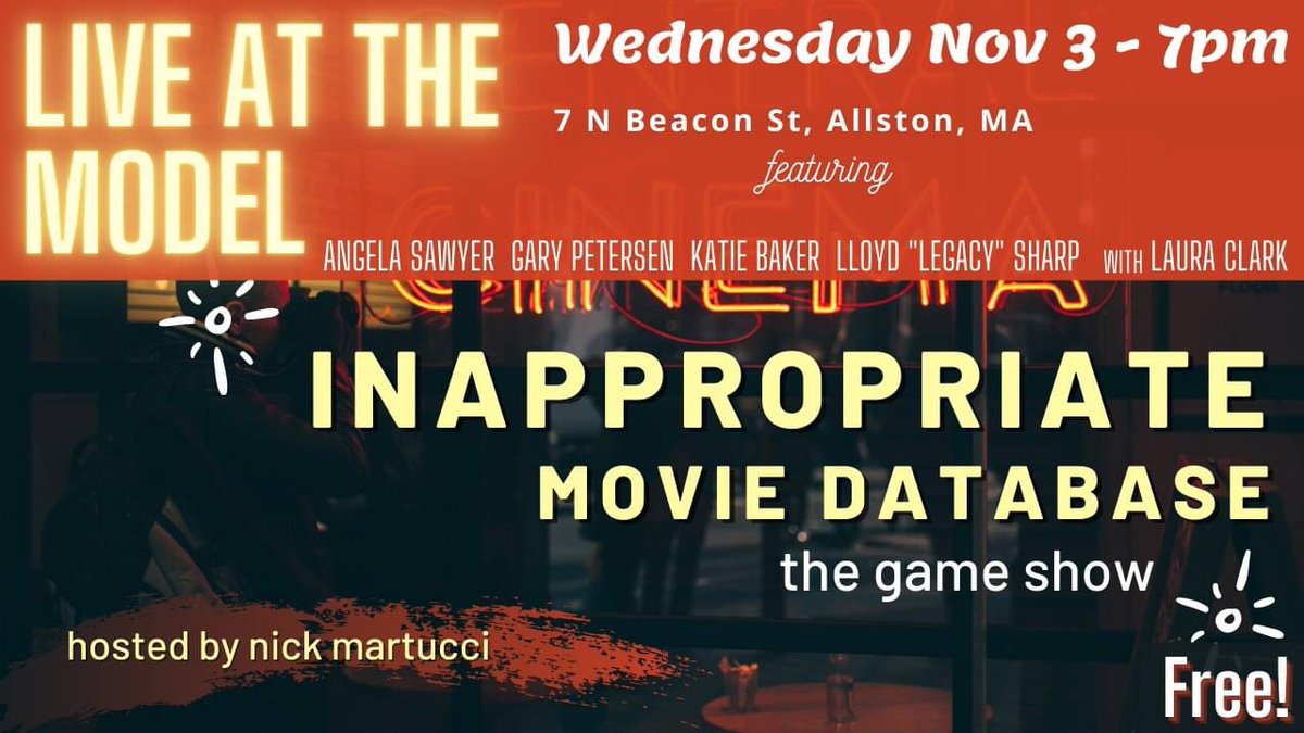 This Wednesday, Nov 3rd at 7pm, we're back at the Model Cafe for another LIVE and IN PERSON edition of Inappropriate Movie Database!

Guests include @iluvkarlrahner, Gary Petersen @comedygaryp, <a href="/snappybakes/">Katie Baker</a>, and @LloydLegacy617 with co-host <a href="/lcmaximum/">lc classic</a>!

And it's totally FREE!