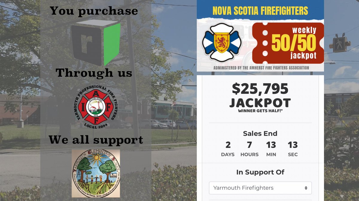 Last weeks winner took home over $126,000. Ticket sales end Thursday at 8:45pm
Click the link below and Yarmouth Firefighters will be supporting the <a href="/SchoolYarmouth/">Yarmouth Elementary School</a> Elementary Home &amp; School Playground. 

rafflebox.ca/raffle/nsfd/121

#supportingourcommunities
#HelpingOthers 
#NSFF5050