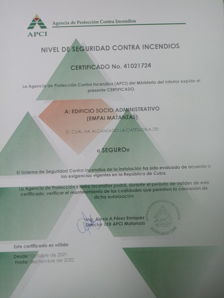luisohernadez's tweet photo. #Empai #Matanzas sigue protegiendo sus intalaciones. Certificado de  sistema SEGURO contra incendios.@GedicCuba 
@gpppmatanzas 
@CubaMicon https://t.co/YKvhh8tRxr