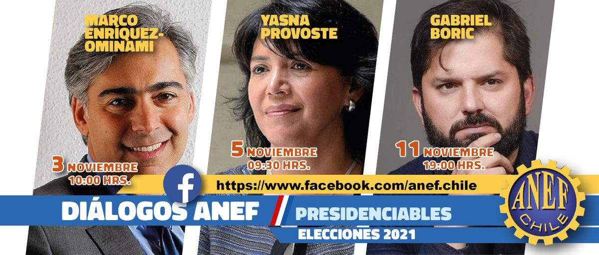📢#DiálogosANEF |
📍 Marco Enríquez-Ominami
🗓 Miércoles 03 de noviembre
⏰ 10:00 horas
📍 Yasna Provoste
🗓 Viernes 05 de noviembre
⏰ 09:30 horas
📍 Gabriel Boric
🗓 Jueves 11 de noviembre
⏰ 19:00 horas
📺#Live Facebook: Anef Chile
#ANEF #Presidenciales2021 #Elecciones2021CL