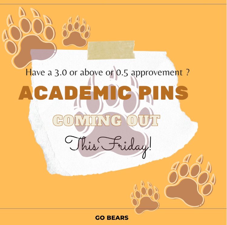HEY BEARS! This week we are awarding the hard work of our students with a 3.0 GPA and higher OR those who improved 0.5 in there GPA! Every student deserves to be recognized for there achievements and dedication, wear them with pride!
