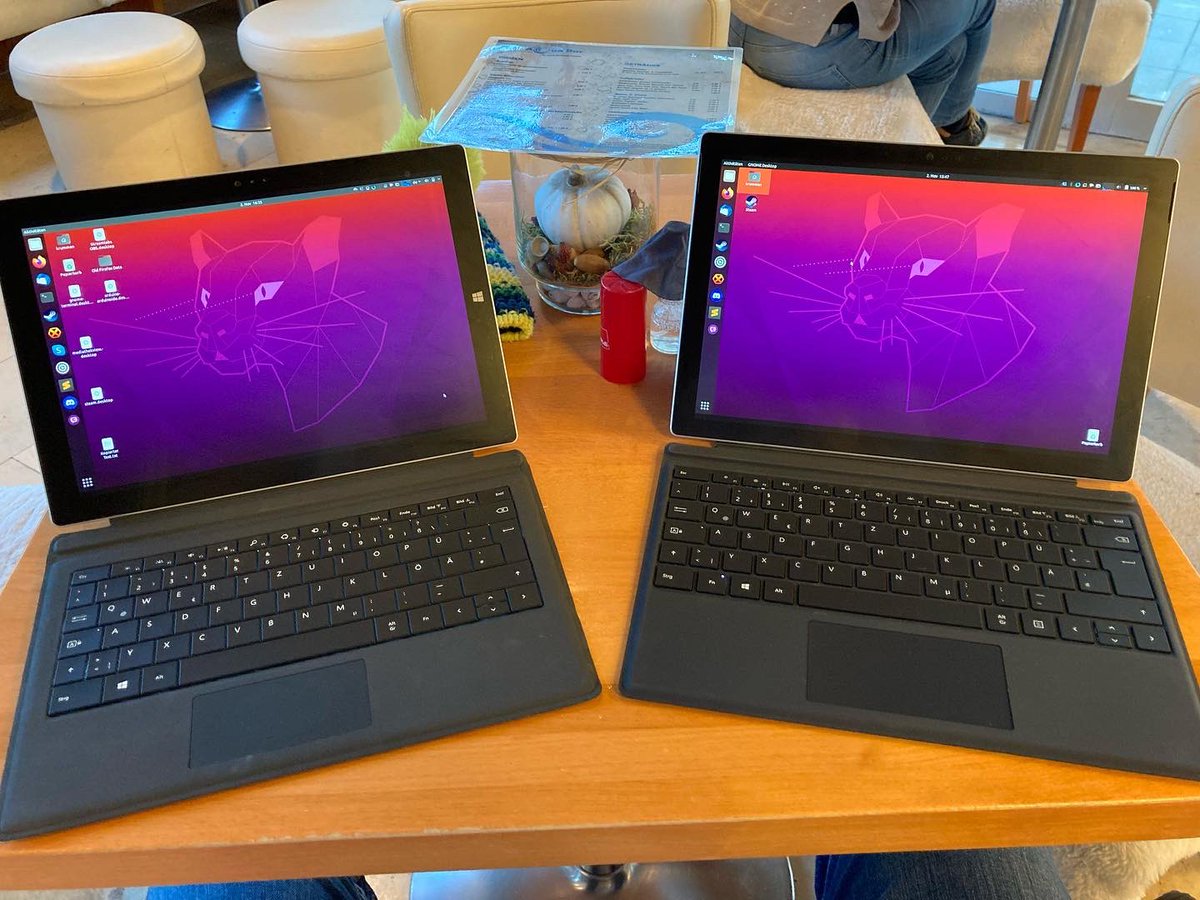 corben78's tweet photo. While chilling with a Latte Macchiato and waiting for Mini-Corben at the swimming training course, I thought I'd test the battery life of my #SurfacePro3 and #SurfacePro7 running #Ubuntu #Linux https://t.co/LtbQL1ADmQ