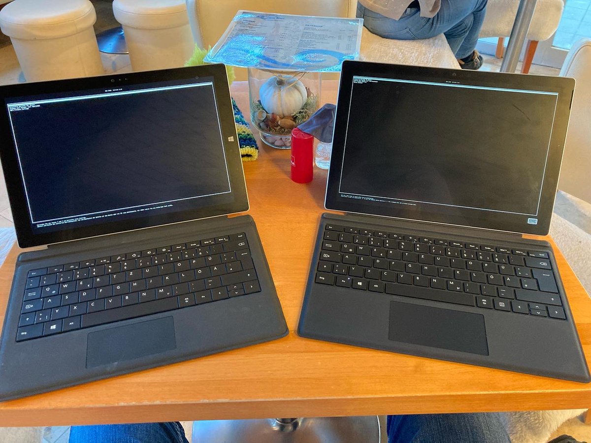 corben78's tweet photo. While chilling with a Latte Macchiato and waiting for Mini-Corben at the swimming training course, I thought I'd test the battery life of my #SurfacePro3 and #SurfacePro7 running #Ubuntu #Linux https://t.co/LtbQL1ADmQ