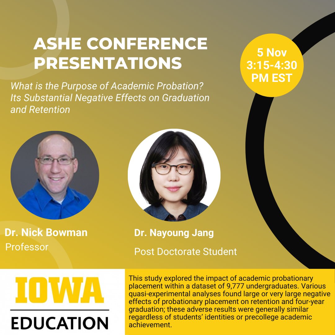 UIowaHESA's tweet photo. Dr. Nick Bowman and Dr. Nayoung Jang address what is the purpose of academic probation today at 3:15 p.m. #ASHE2021 #uiowa #hesa #CRUE #collegeofeducation #academicprobation #graduation #retention https://t.co/D8E698OrQ7