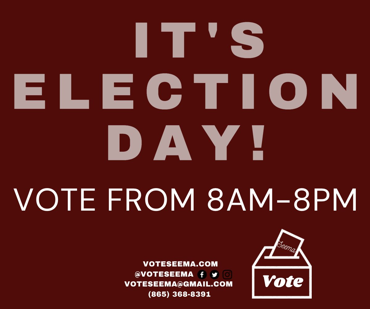 Polls are open! Get out to YOUR polling location and vote before 8pm and VOTE. If you have any questions about where to go to vote, check out KnoxVotes.org or email me at VoteSeema@gmail.com.
