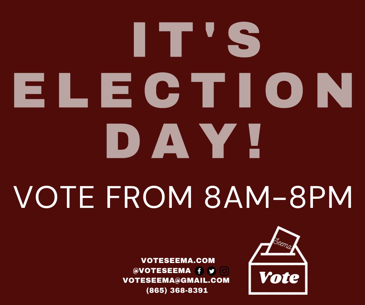 Polls are open! Get out to YOUR polling location and vote before 8pm and VOTE.

If you have any questions about where to go to vote, check out KnoxVotes.org or email me at VoteSeema@gmail.com.