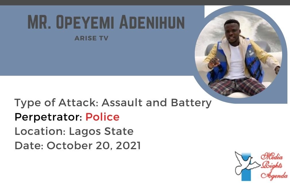 Opeyemi Adenihun of <a href="/ARISEtv/">ARISE NEWS</a> was assaulted at the Lekki Toll Plaza in Lagos while covering the #EndSARS memorial protests on October 20, 2021 #EndImpunityNG