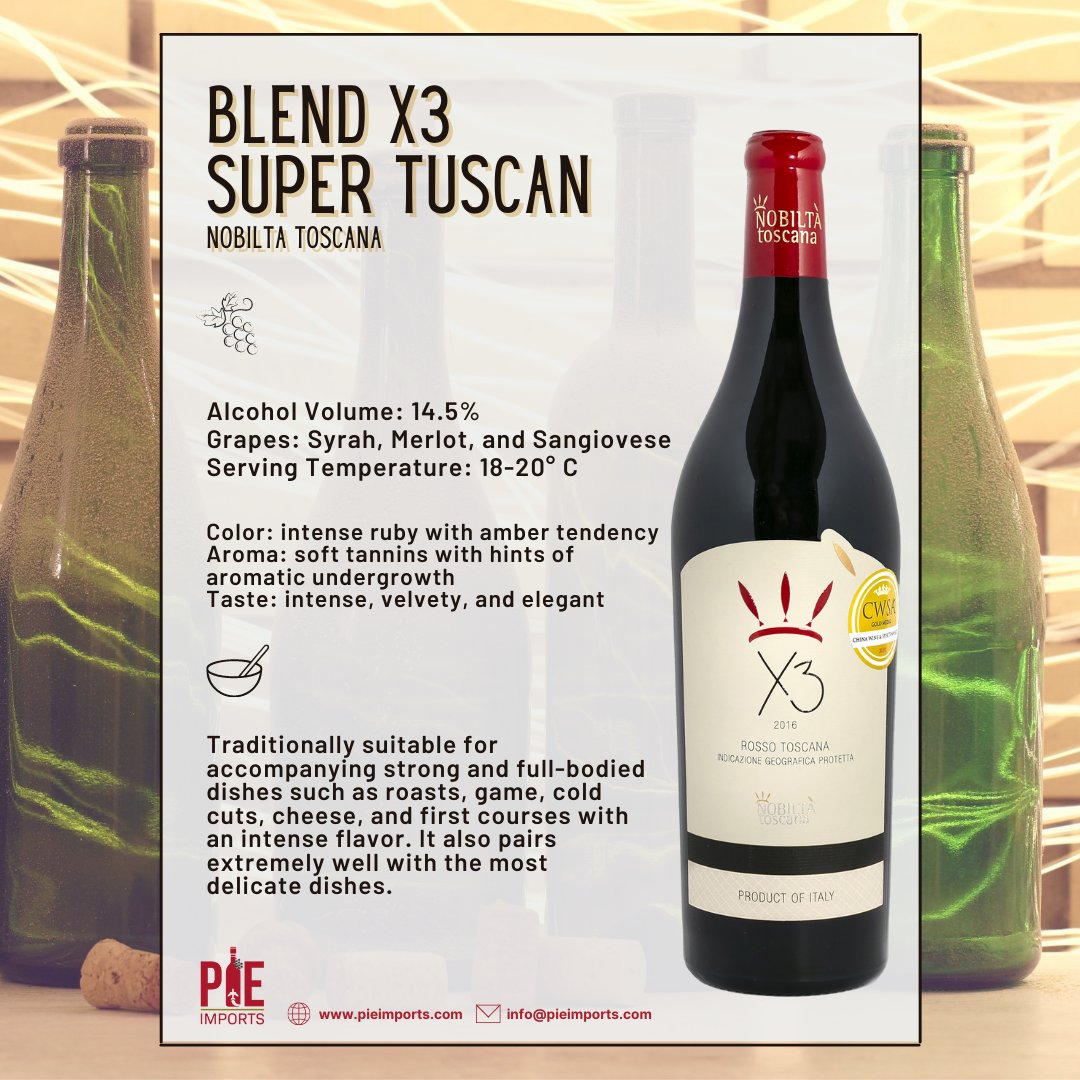 PieImports's tweet photo. #WineFeature Blend X3 Super Tuscan from Nobilta Toscana 🍇🍷 This is traditionally suitable for accompanying strong and full-bodied dishes such as roasts, game, cold cuts, cheese, &amp; first courses with an intense flavor. It also pairs extremely well with the most delicate dishes. https://t.co/P6HwZ7bU1v