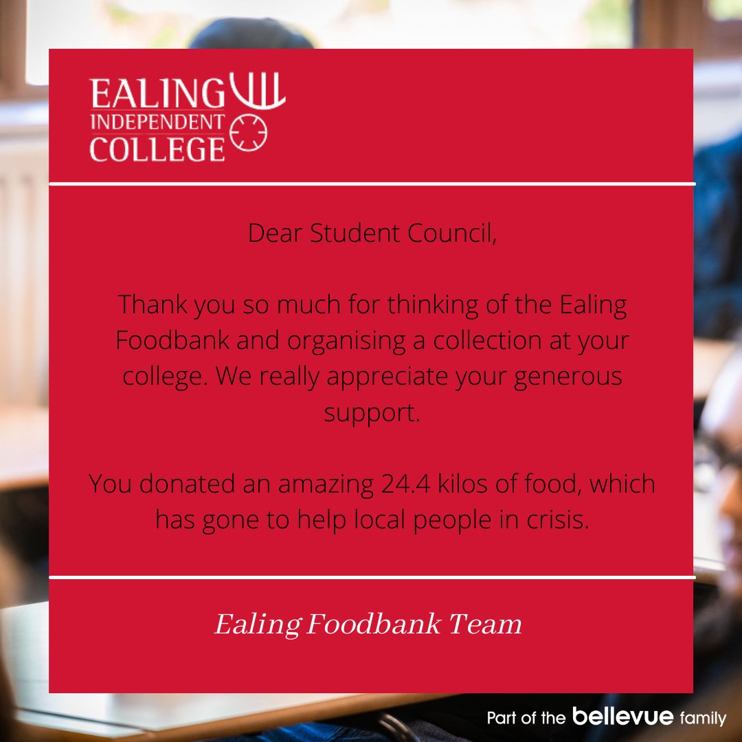 ealing_college's tweet photo. How lovely for our Student Council members to receive a personal thank you from the @EalingFoodbank team as a result of their efforts to organise a collection at the College🥫

Looking forward to seeing what initiatve our student council organise next! #StudentVoice #EICCommunity https://t.co/6ORa2ikFgY