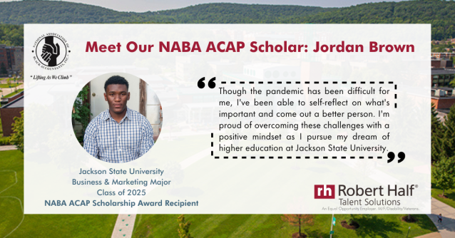 WalterKop's tweet photo. Congratulations to Jordan Brown, Jackson State University – Class of 2025 – recipient of a 2021 @nabainc Accounting Career Awareness Program Scholarship! @RobertHalf is proud to sponsor this scholarship and support the next generation of #futureleaders. https://t.co/dTf5QdtU90 https://t.co/ctVdo0CW3K