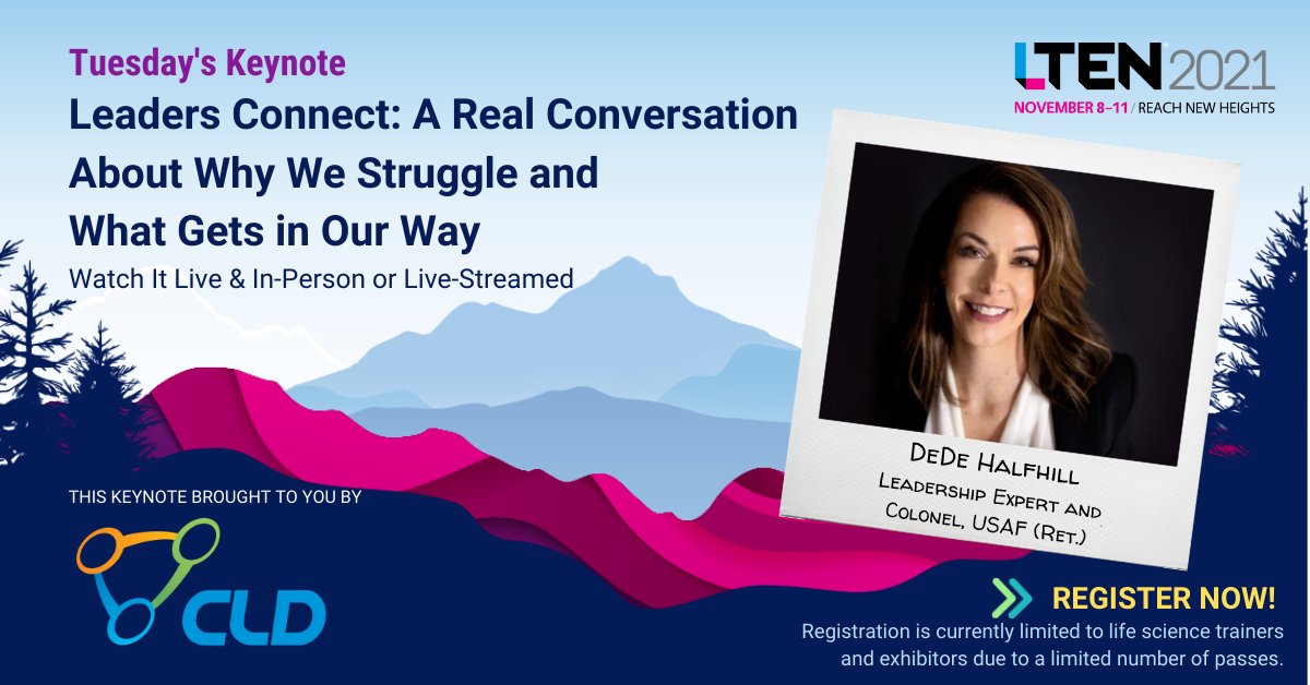 NEXT Tuesday, 8 am MT, #LTEN Board President Richard Sampson will welcome you at #LTEN2021 &amp; <a href="/dedehalfhill/">DeDe</a> will deliver the 𝗢𝗽𝗲𝗻𝗶𝗻𝗴 𝗞𝗲𝘆𝗻𝗼𝘁𝗲 LIVE from @GaylordRockies. All virtual attendees will join us via Pathable. Have you registered?
ltenconference.com/schedule/