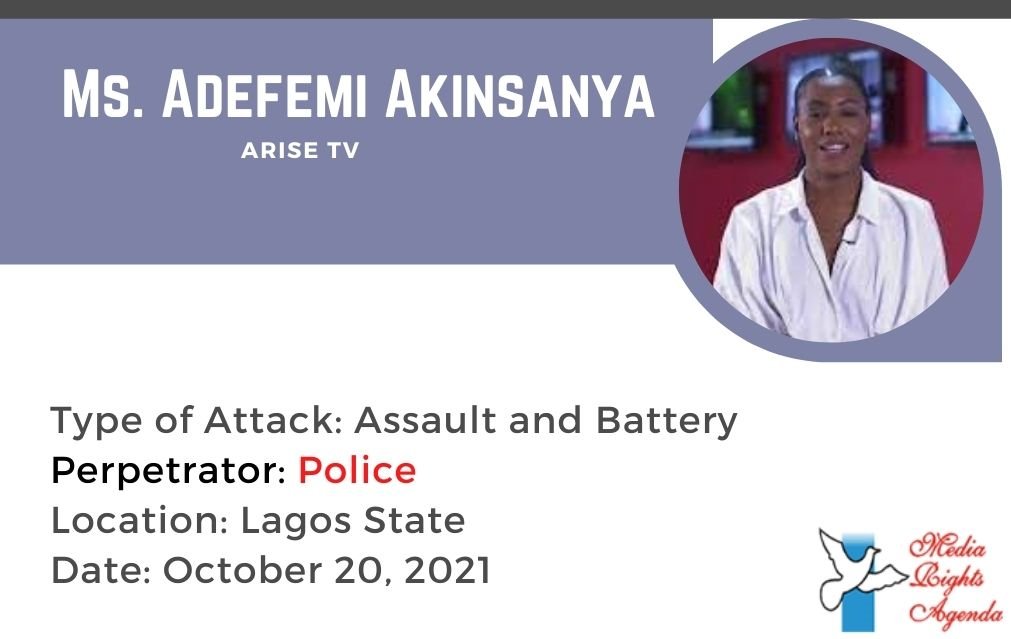 <a href="/femmefemi/">Adefemi Akinsanya</a> of <a href="/ARISEtv/">ARISE NEWS</a> was assaulted at the Lekki Toll Plaza in Lagos while covering the #EndSARS memorial protests on October 20, 2021 #EndImpunityNG
