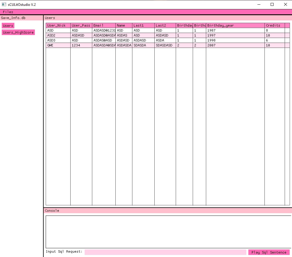 prm_sr's tweet image. Done, now you can select any database, and move inside his tables to see values inside 👌🥰

Now i have to do the console to make any SQL request and see the result.
#Sfml @sfmldev #sql #sqlite3 #cplusplus #c #imgui
