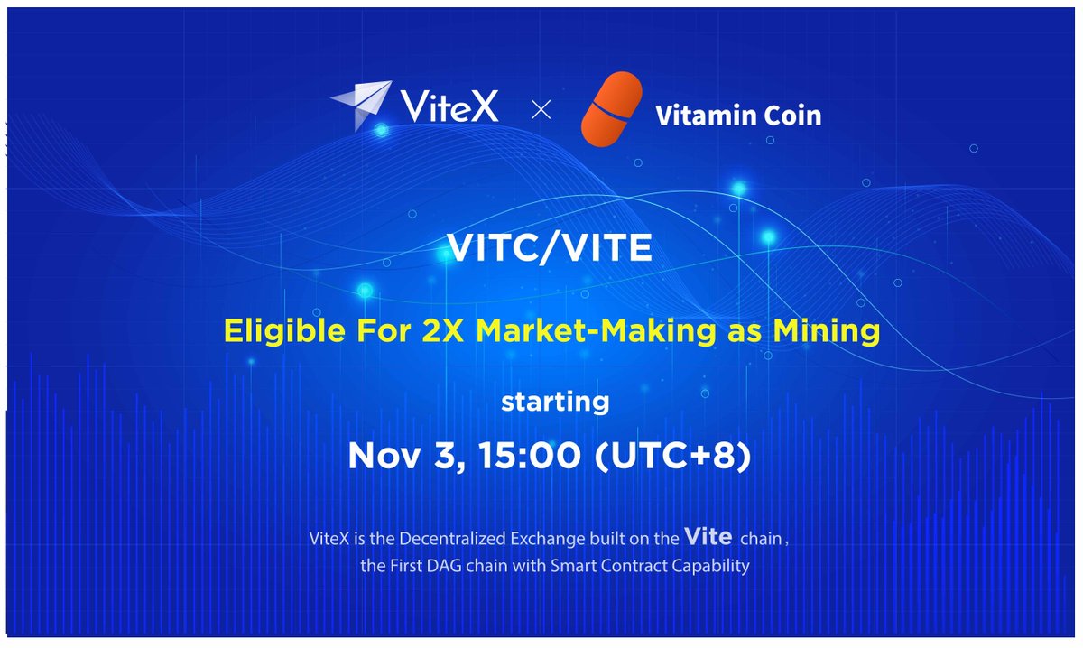 Market making as mining is coming to the VITC/VITE pair on Nov 3! 

For a whole week till Nov 10, you get to receive 2X market making as mining rewards. 

@vitamin_coin

Details: vitex.zendesk.com/hc/en-001/arti…