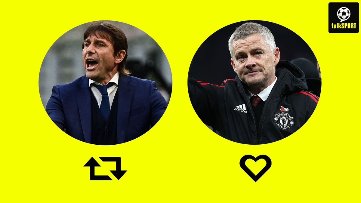 talkSPORT's tweet photo. Who do you think will finish higher in the Premier League this season? 🤔 

🔁 Antonio Conte’s #THFC
❤️ Ole Gunnar Solskjaer’s #MUFC https://t.co/vuiqgFbBF5
