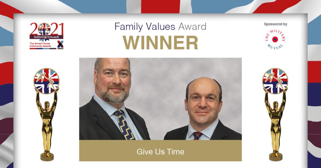 SoldierOnAwards's tweet image. The #SOA2021 Family Values Award, sponsored by @Military_Mutual, was won by @giveustime. This amazing charity provides relief by sending #military families on respite breaks to help restore the bonds that can prevent breakdowns. Learn more about them ➡️ bit.ly/3q4BBx7