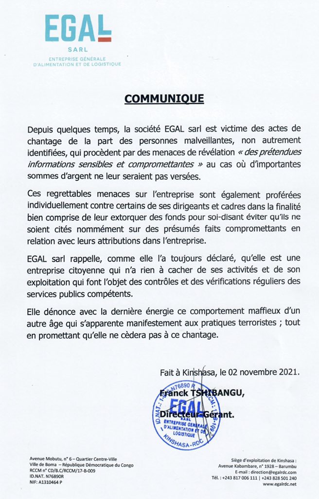 egalrdc's tweet photo. Date : Kinshasa, 2 novembre 2021

Communiqué https://t.co/jMyPFjGfDs