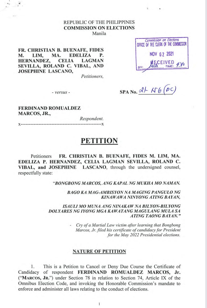 newswatchplusph's tweet photo. BREAKING: A petition has been filed to cancel the certificate of candidacy of presidential aspirant Bongbong Marcos | @anjocalimario https://t.co/9DINywhelc