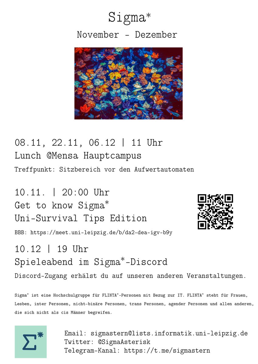 SigmaAsterisk's tweet photo. Yippie, unser Kalender für November und Dezember steht! Merkt euch gerne die Termine vor und seid dabei! Besonders interessant: Nächste Woche Mittwoch stellen wir unsere AG vor und geben ein paar Survival-Tipps fürs Studium. Wir freuen uns! https://t.co/zMZBwrL0Zk