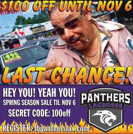 FBPanthersLax's tweet photo. LAST CHANCE! Register for 2022 Spring Panthers Lacrosse (https://t.co/8yVUlVXr0d) to receive $100 off. Use code “100off”! https://t.co/WLiyOFTZsj