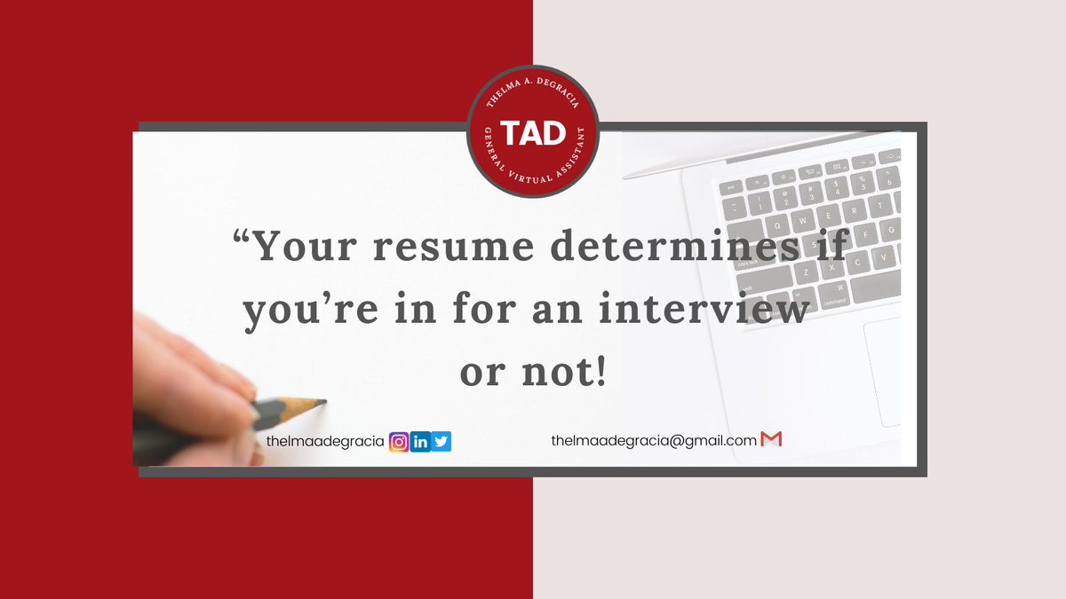 ThelmaVirtual1's tweet image. A well-determined applicant should write his/her resume that reflects his skills and experience, which fits the qualification an employer is searching for.
🤔Remember that your resume will represent you.

 #virtualassistant  #resumetips #effectiveresume #resume #resumewriter