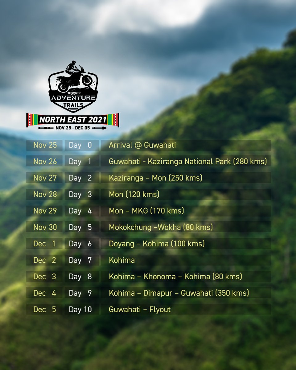 IndiaTriumph's tweet photo. A brand new adventure trails experience to the beautiful North East awaits you. Book your slot with your Triumph dealer today for the #TriumphAdventureTrails - North East 2021, Nov 25 to Dec 5.
Seats are limited and filling fast. 

 #NorthEast2021 #ForTheAdventure #ForTheRide https://t.co/j3ZpXxzfFp