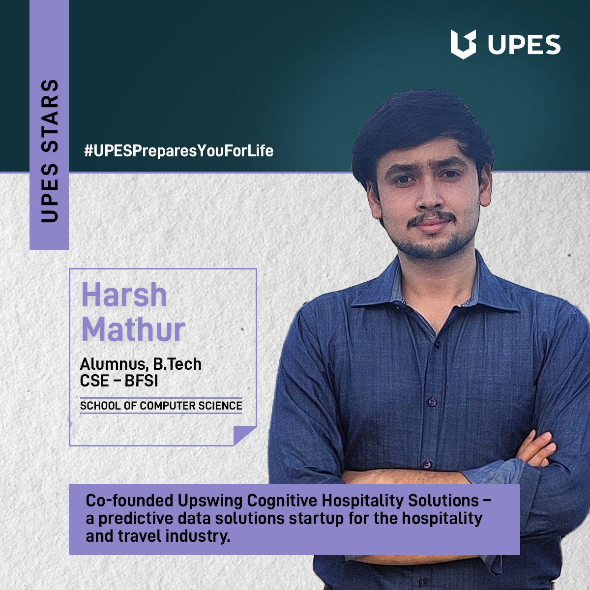 UPESDehradun's tweet photo. A testimony to our academic excellence is Harsh Mathur, Alumnus, https://t.co/4UyM8nmWWn CSE – BFSI, #UPESSchoolofComputerScience. He co-founded Upswing Cognitive Hospitality Solutions, a predictive data solutions startup for the hospitality & travel industry. #UPESStars https://t.co/YiWVMiCB0B
