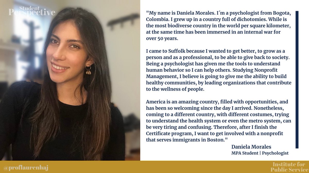 ProfLaurenHaj's tweet photo. Meet MPA Student Daniela Morales! 

#Studentspotlight #SuffolkU #Shareyourwhy https://t.co/2hvXBBPmZD