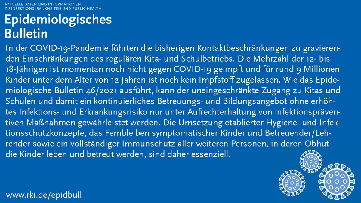 In der COVID-19-Pandemie führten die bisherigen Kontaktbeschränkungen zu gravierenden Einschränkungen des regulären Kita- und Schulbetriebs. Die Mehrzahl der 12- bis 18-Jährigen ist momentan noch nicht gegen COVID-19 geimpft und für rund 9 Millionen Kinder unter dem Alter von 12 Jahren ist noch kein Impfstoff zugelassen. Wie das Epidemiologische Bulletin 46/2021 ausführt, kann der uneingeschränkte Zugang zu Kitas und Schulen und damit ein kontinuierliches Betreuungs- und Bildungsangebot ohne erhöhtes Infektions- und Erkrankungsrisiko nur unter Aufrechterhaltung von infektionspräventiven Maßnahmen gewährleistet werden. Die Umsetzung etablierter Hygiene- und Infektionsschutzkonzepte, das Fernbleiben symptomatischer Kinder und Betreuender/Lehrender sowie ein vollständiger Immunschutz aller weiteren Personen, in deren Obhut die Kinder leben und betreut werden, sind daher essenziell. 