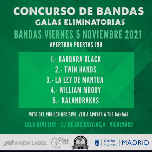 jmdvicalvaro's tweet photo. Ya tenemos dos de los cuatro finalistas del 1er #Concurso #Rock &amp; #Pop de #Vicálvaro: 
#WonderWoman
#ValienteCobarde

Jueves y viernes continúan las galas eliminatorias en la sala #ReviLive de Vicálvaro. 
4 y 5 NOV 19:30 h 
#entradalibre
¡Te esperamos! https://t.co/XJt5jdDhv6 https://t.co/rDoYveQLnO