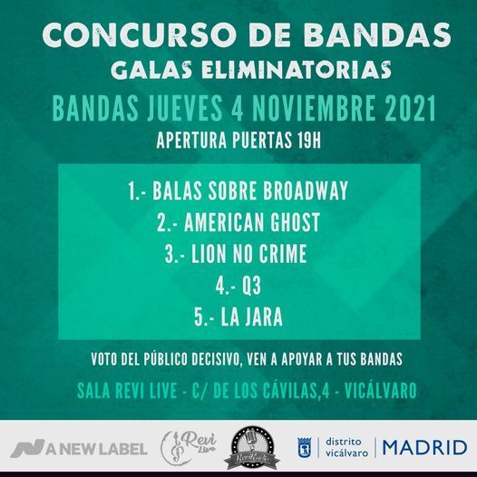 jmdvicalvaro's tweet photo. Ya tenemos dos de los cuatro finalistas del 1er #Concurso #Rock &amp; #Pop de #Vicálvaro: 
#WonderWoman
#ValienteCobarde

Jueves y viernes continúan las galas eliminatorias en la sala #ReviLive de Vicálvaro. 
4 y 5 NOV 19:30 h 
#entradalibre
¡Te esperamos! https://t.co/XJt5jdDhv6 https://t.co/rDoYveQLnO