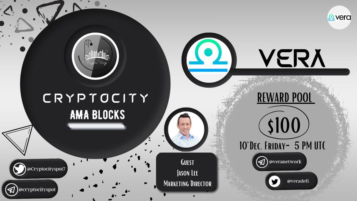 Crypto City is going to hold an AMA with <a href="/veradefi/">Veradefi</a> in @Cryptocityspot7 
Telegram community.
Reward: 
$100
Time: 
December 10th ,2021
5:00 PM UTC
 
Follow 
1. @Cryptocityspot7
2. <a href="/veradefi/">Veradefi</a>
Like , retweet &amp; tag 3 friends.