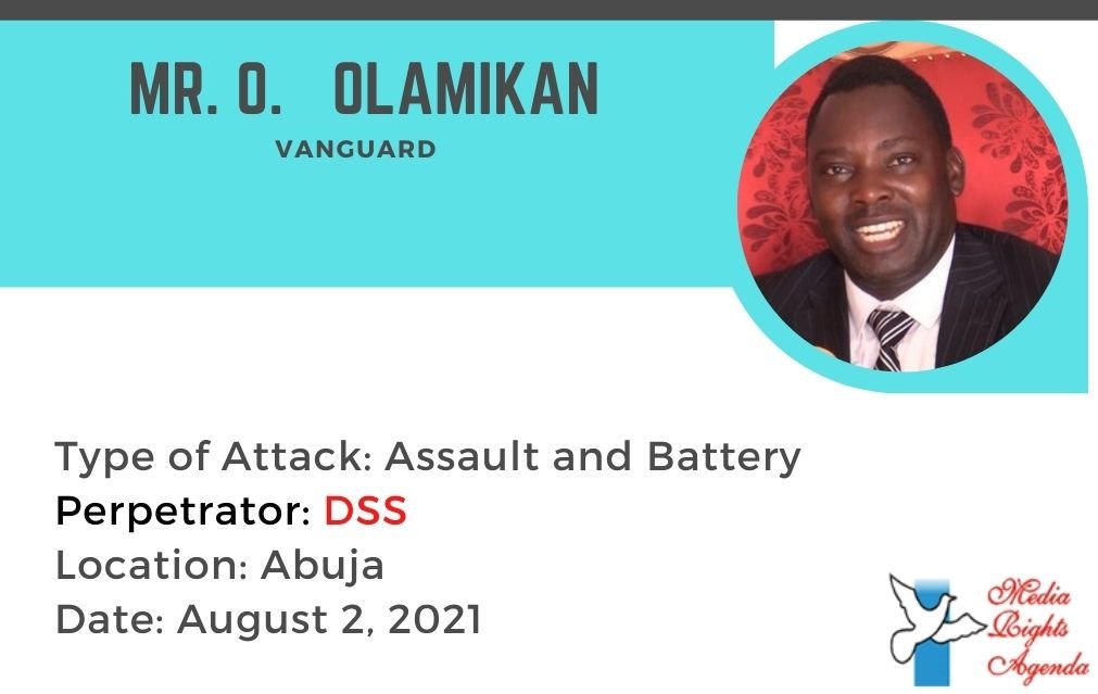 Oluwagbemiga Olamikan, a Photo Journalist with <a href="/vanguardngrnews/">Vanguard Newspapers</a>,was on August 2, 2021, assaulted at the Federal High Court, Abuja by Department of State Services officials while taking pictures of aides to Sunday Adeyemo aka Sunday Igboho 
mediarightsagenda.org/dss-operatives… 
#EndImpunityNG