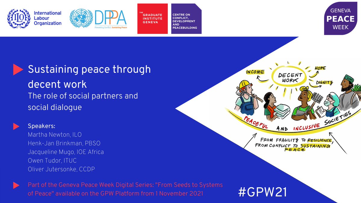 UNPeacebuilding's tweet photo. Watch the Digital Series on #SustainingPeace through decent work: The role of social partners and social dialogue @GenevaPeaceWeek 

by @ILO PBSO @UNDPPA and the Geneva Graduate Institute’s Centre on Conflict, Peacebuilding and Development (CCDP)
#GVAPeaceWeek https://t.co/OETLXcHOmo
